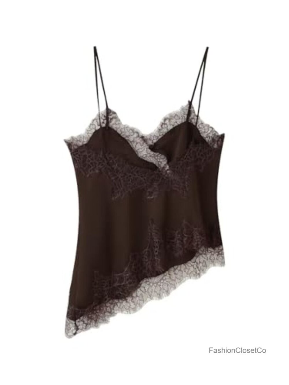 Women Satin Lace Trim Camisole Tank Top Sleeveless Side Split Going Out - Picture 4 of 4